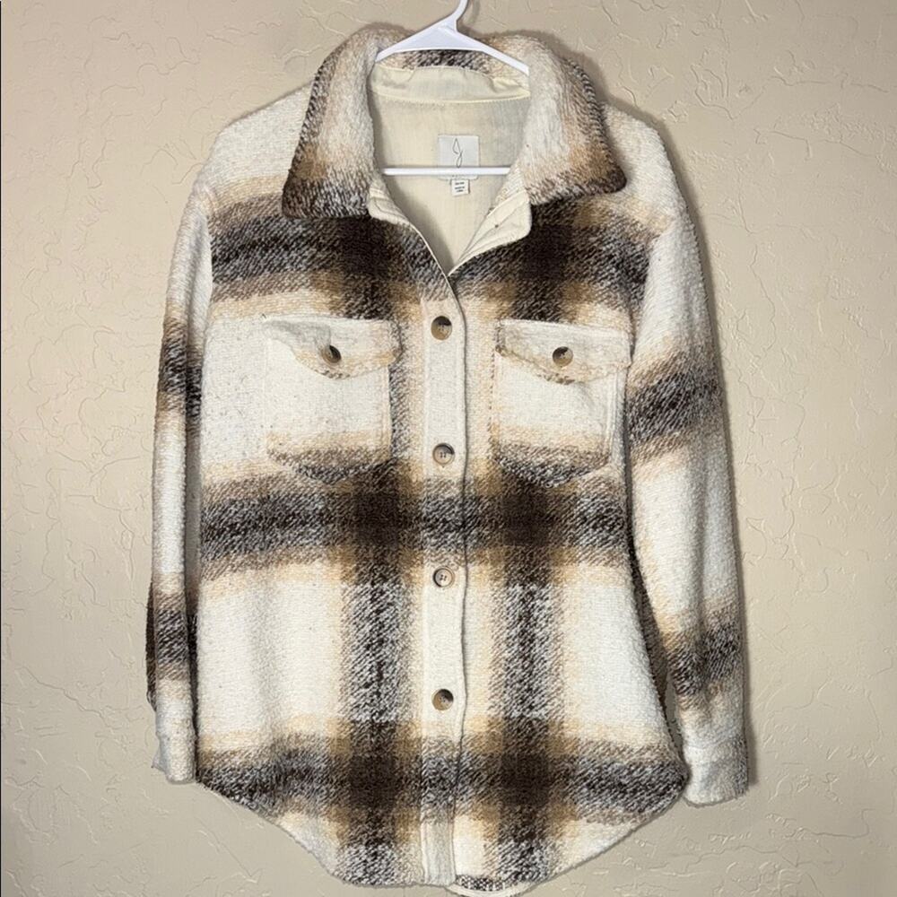 Joie oversized cream and brown plaid button front shacket